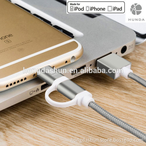 4ft Premium MFI Certified 2 in 1 Waved Gray USB Data Cable for Cellphone Gadget Accessories